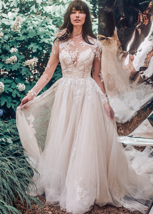 Long Sleeves Beaded Ivory Lace Tulle Airy Wedding Dress